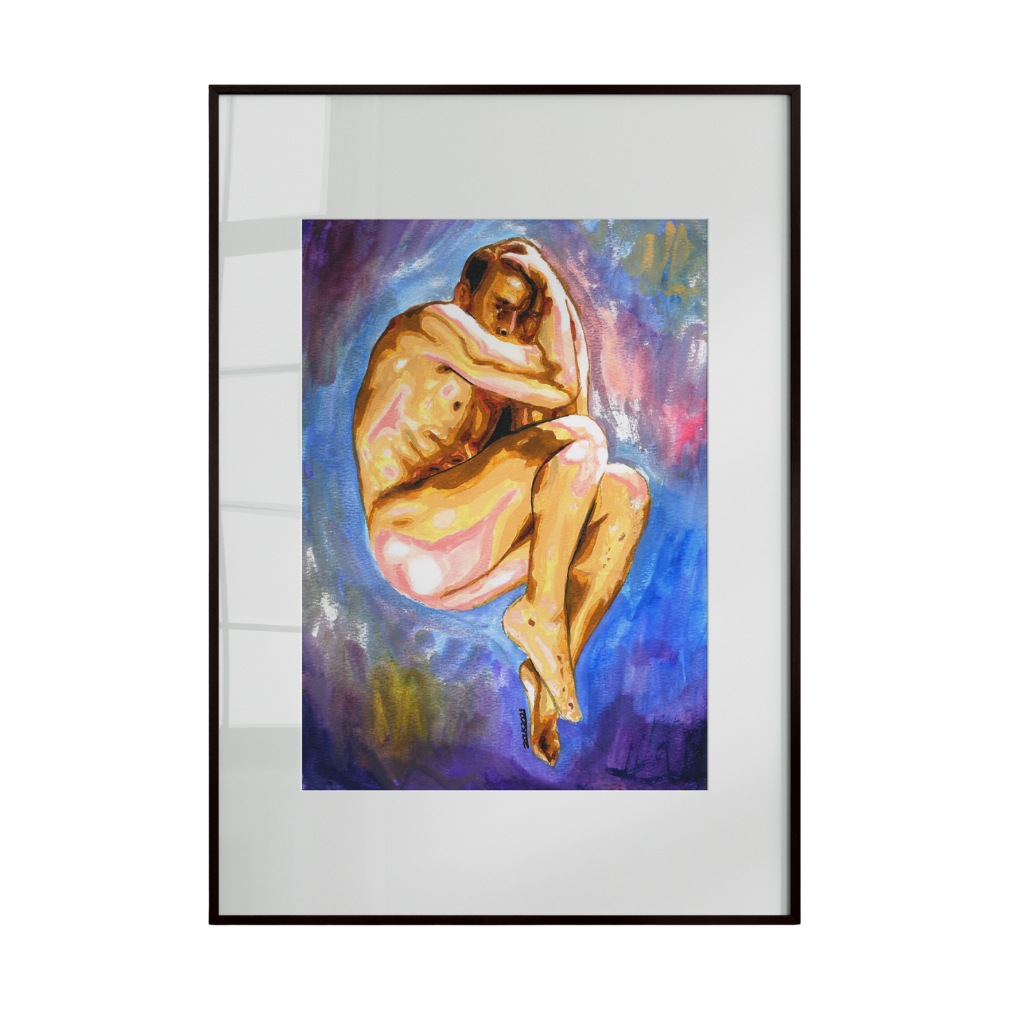 Framed artwork of a nude figure against a colorful abstract background