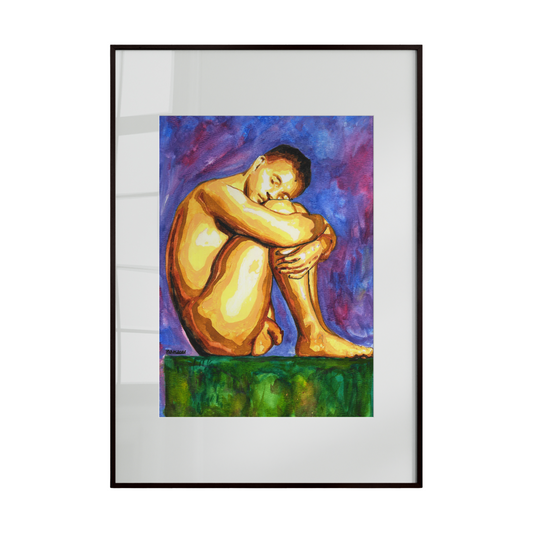 Framed artwork of a nude figure sitting on a pedestal with a colorful background.