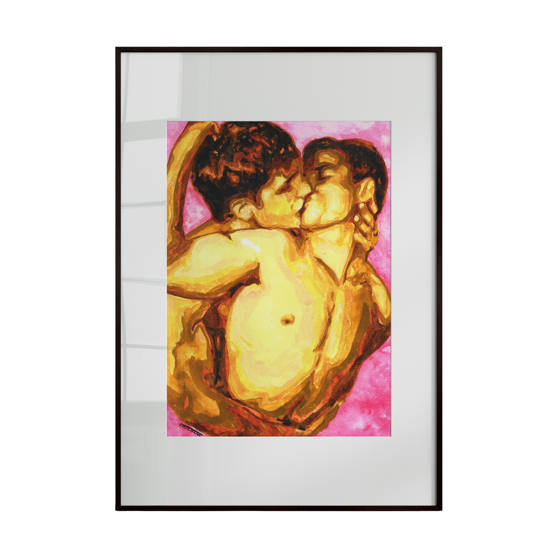 Framed artwork of two cherubs kissing on a pink background