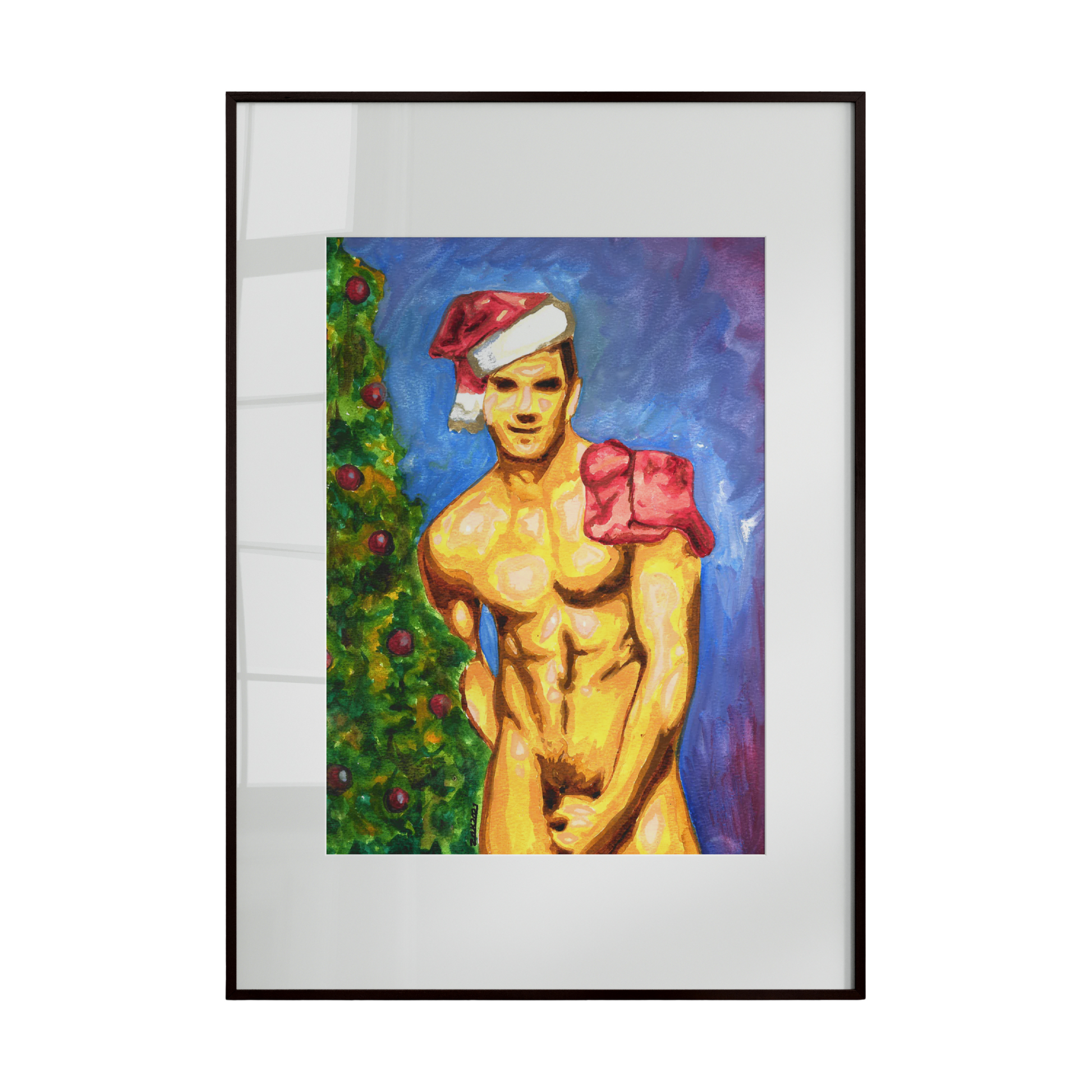nude male figure wearing a Santa hat, standing or posing in front of a decorated Christmas tree. The playful juxtaposition of nudity with festive elements creates a humorous, whimsical,