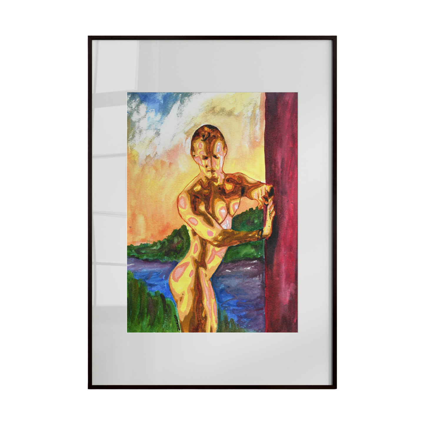nude male figures leaning against a wall, set against a backdrop of rolling hills. The composition captures a moment of quiet reflection and subtle tension, where the figures’ relaxed yet deliberate postures contrast with the sweeping natural landscape behind them. 