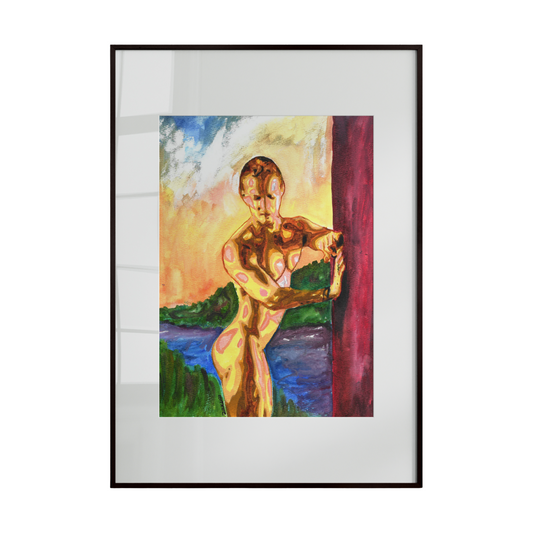 nude male figures leaning against a wall, set against a backdrop of rolling hills. The composition captures a moment of quiet reflection and subtle tension, where the figures’ relaxed yet deliberate postures contrast with the sweeping natural landscape behind them. 