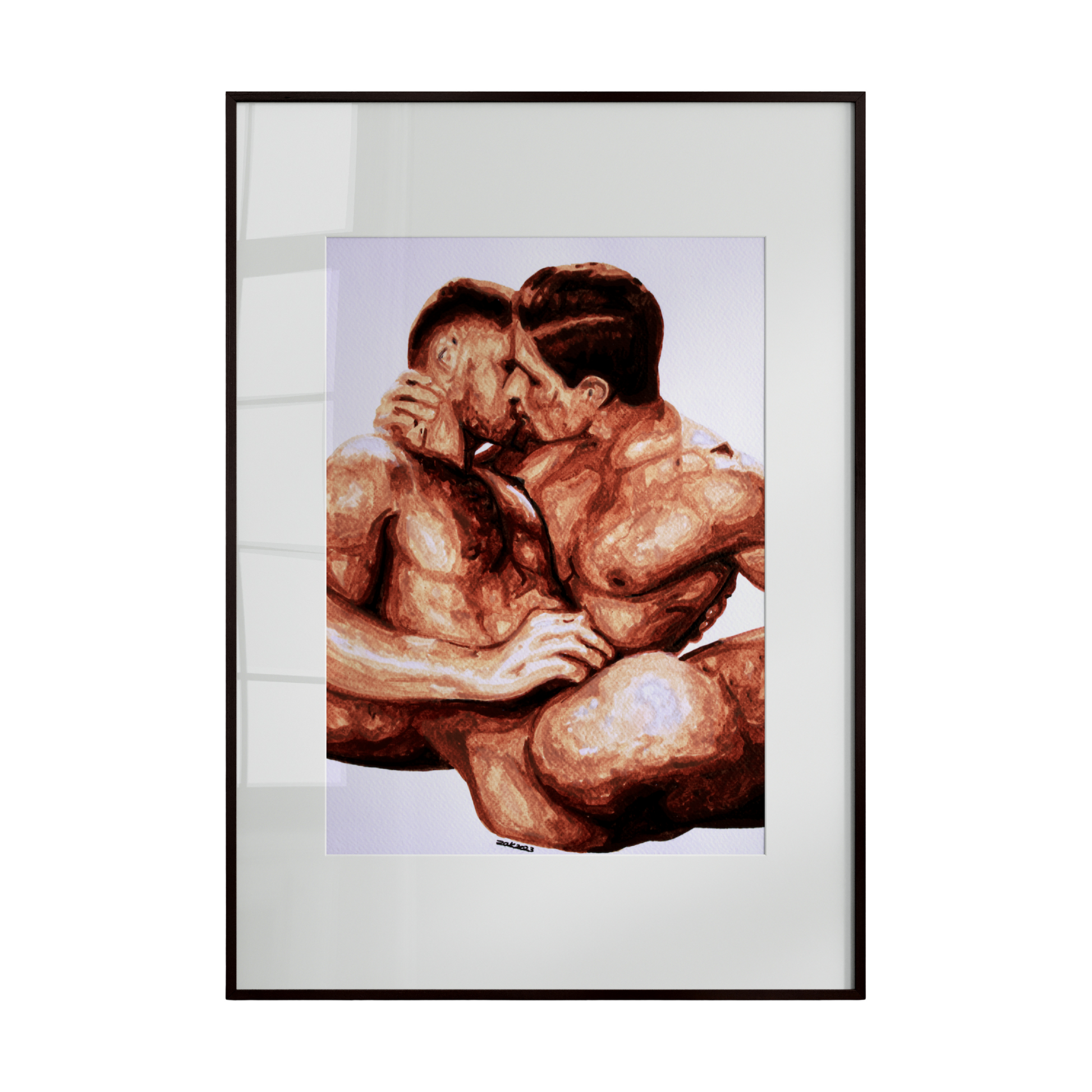two nude men seated, embracing each other in a continuous, flowing connection. Against a stark white background, their forms create a visual chain, emphasizing unity, intimacy, and the seamless bond between them. 