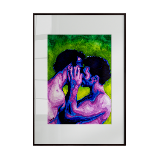 A framed artwork depicting two people embracing against a vibrant, colorful background. The piece conveys warmth, intimacy, and the expressive power of human connection.