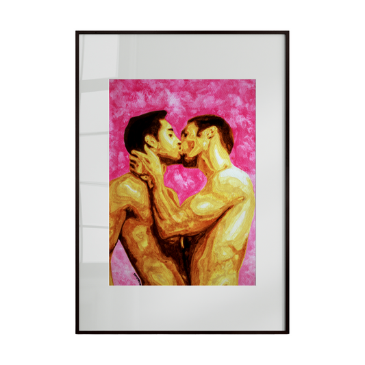 two nude gay men kissing, shown from the waist up, their bodies forming the shape of a heart