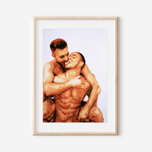 Framed artwork of two muscular figures embracing on a white background