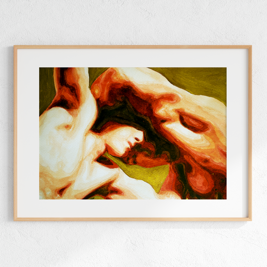 Framed artwork of a nude figure with flowing hair on a white wall