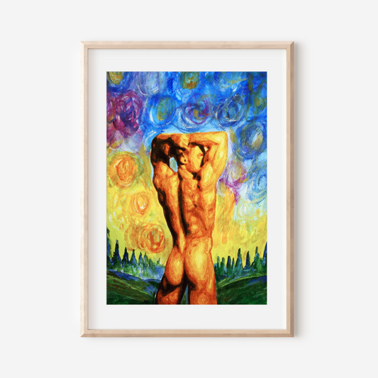 Colorful LGBTQ+ art print of two nude men intertwined into one body, with arrows from both right and left sides, created in Zak Pop Art style.