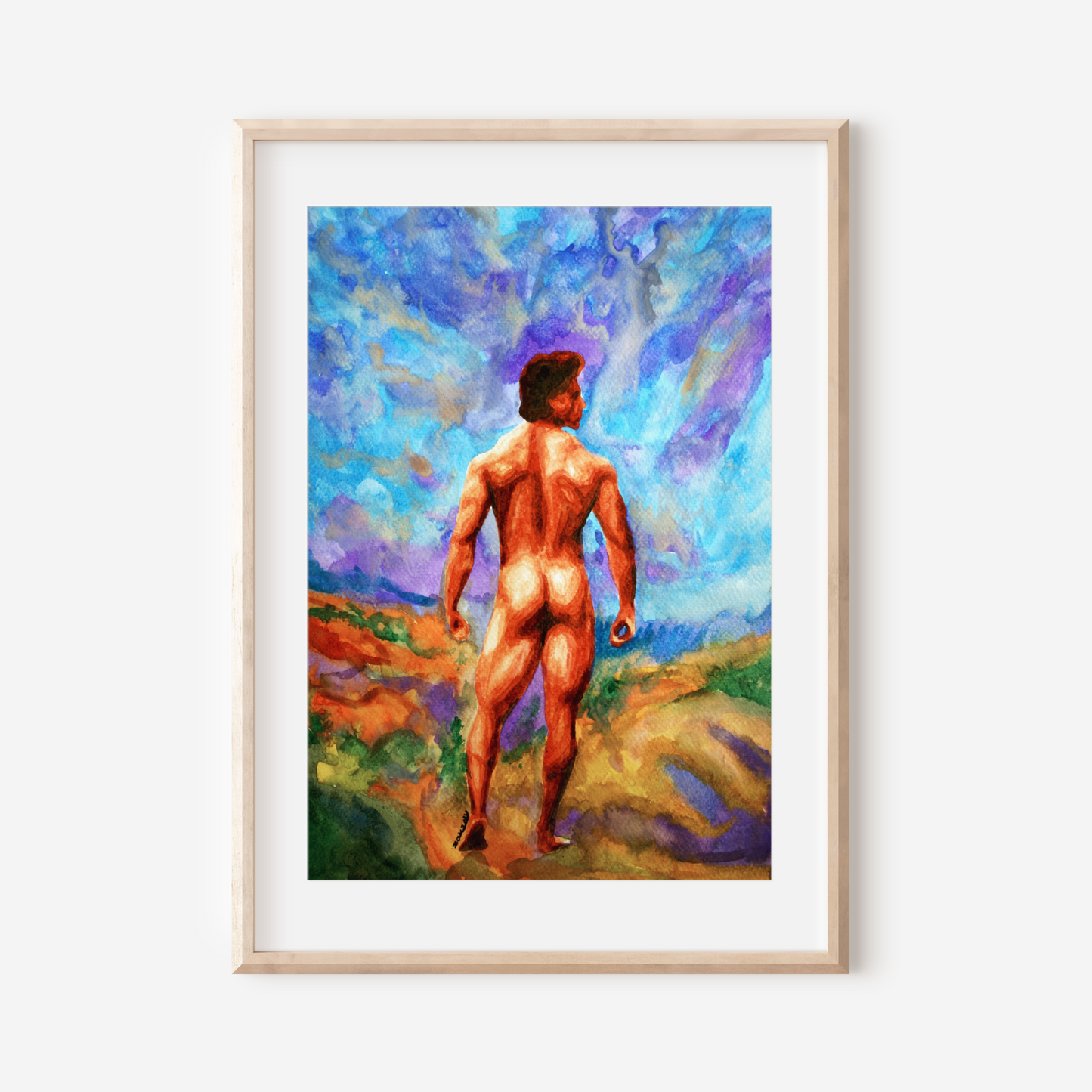 Framed painting of a nude figure standing on a landscape with vibrant colors.