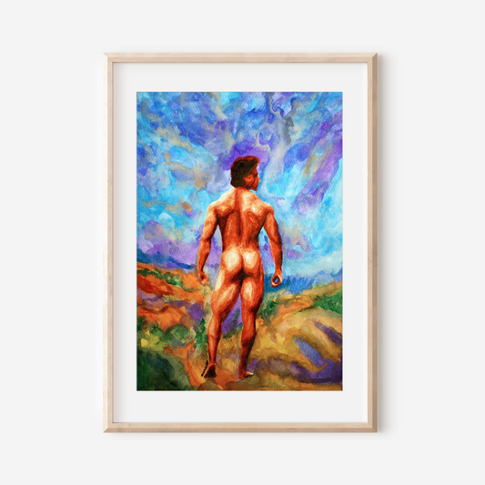 Framed painting of a nude figure standing on a landscape with vibrant colors.