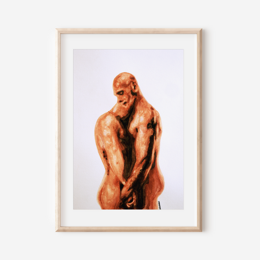 Framed artwork of a muscular figure on a white wall