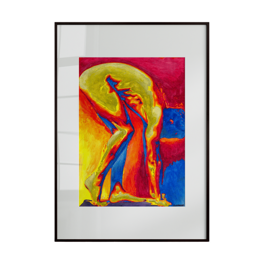 Framed abstract artwork with vibrant colors on a white background