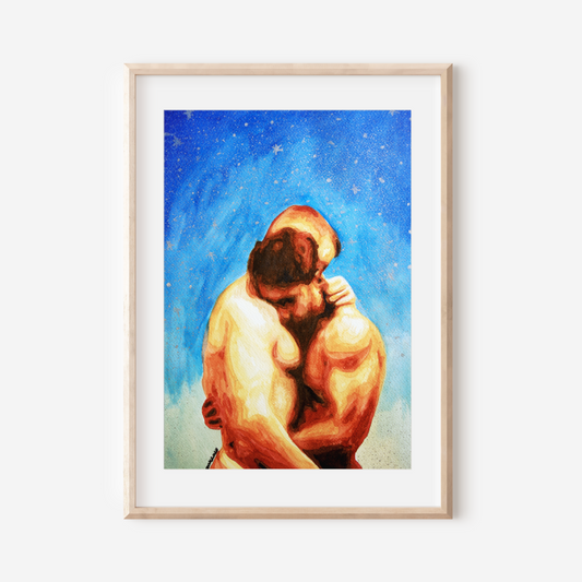 Framed artwork of two people embracing against a starry sky.