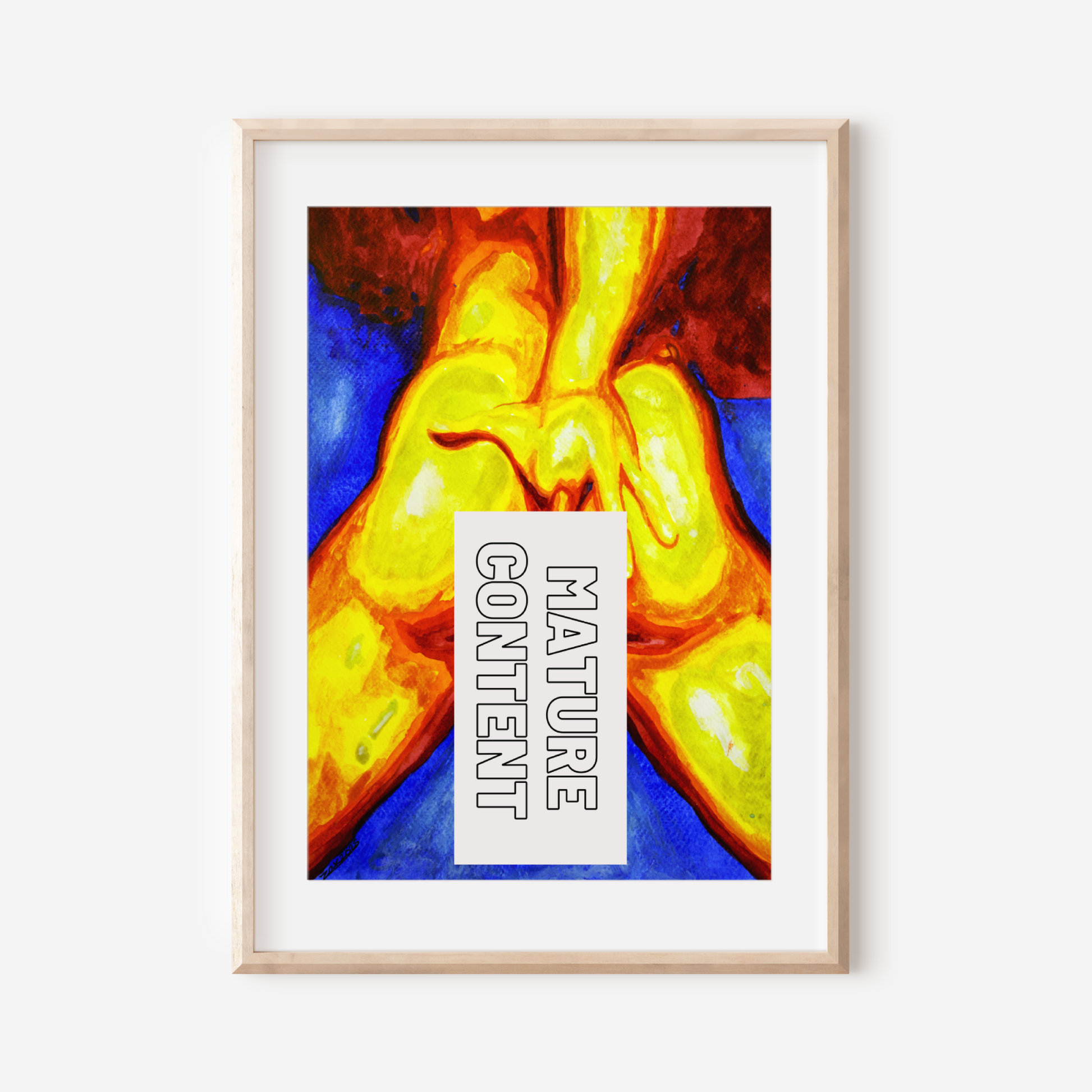 Framed artwork with 'Mature Content' label on a white wall