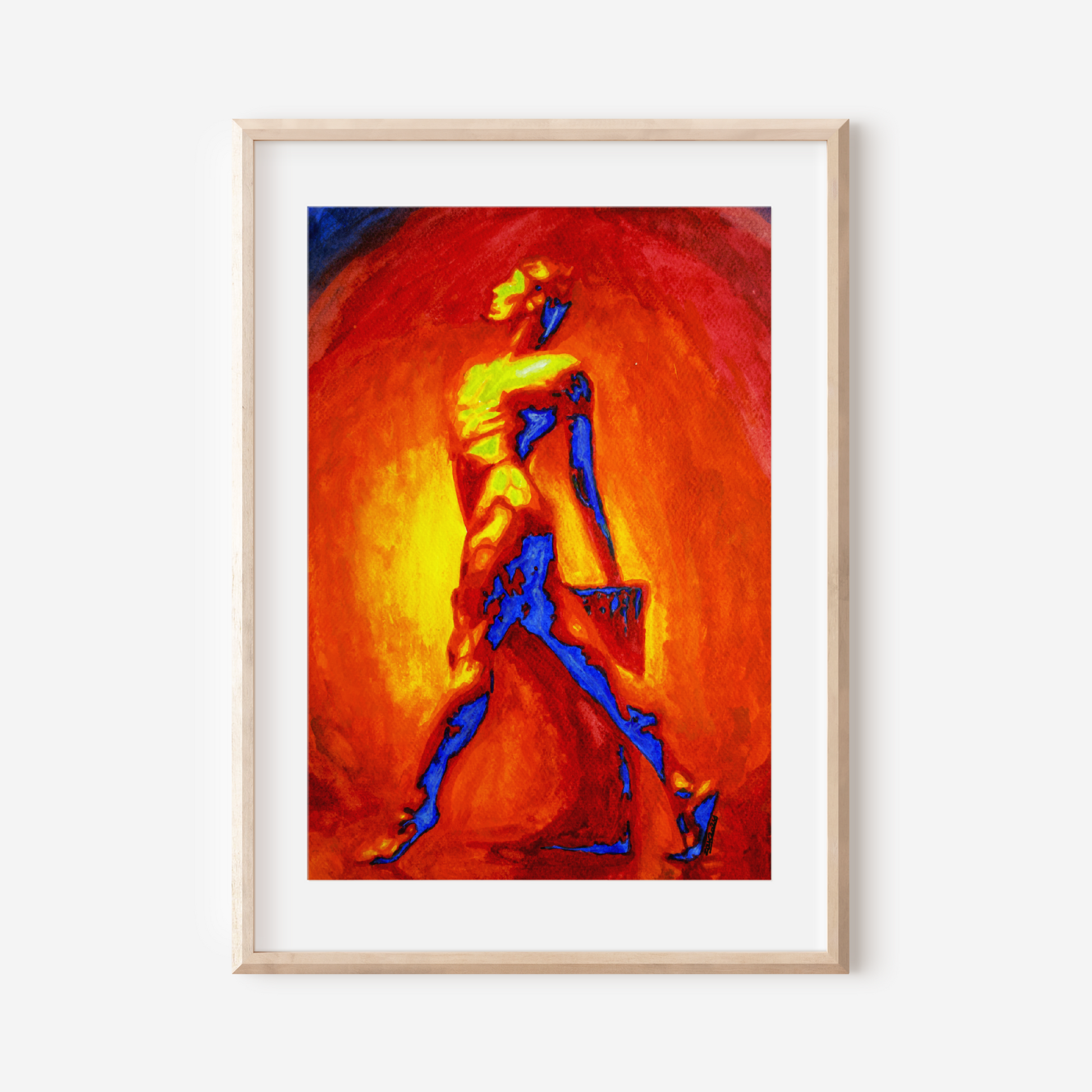 Framed abstract painting with a figure against a red background