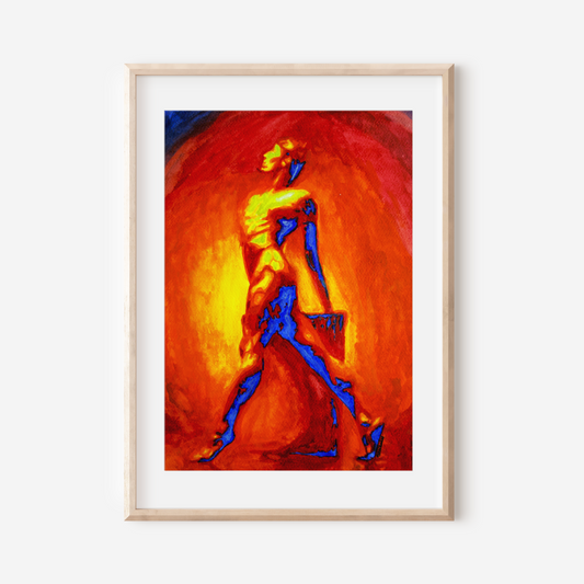 Framed abstract painting with a figure against a red background