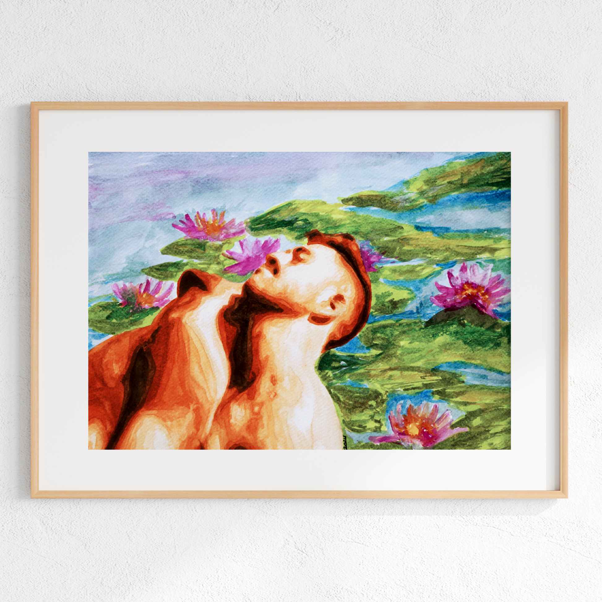 Framed artwork of a woman with a horse surrounded by flowers on a white wall