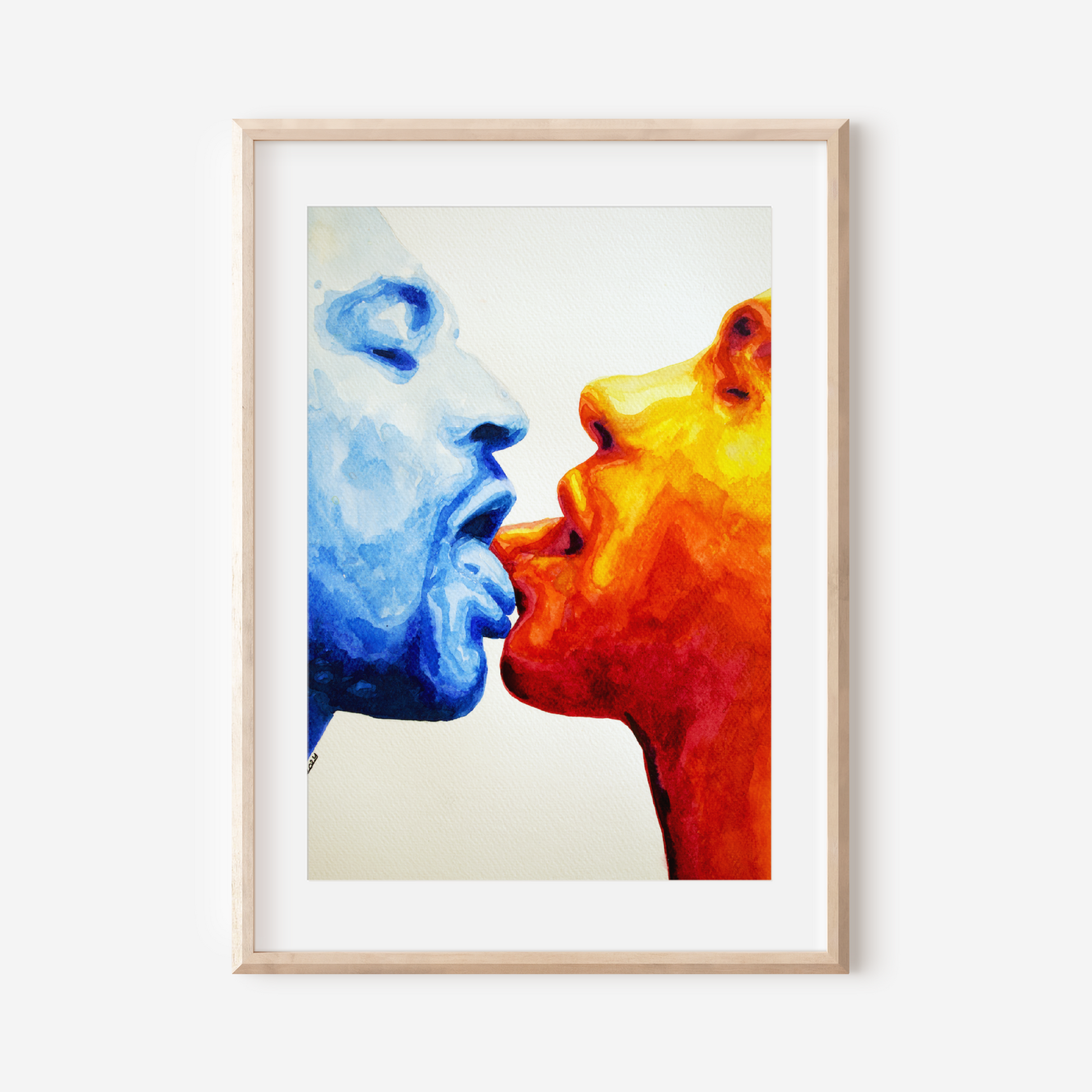 Framed artwork of two faces, one blue and one orange, on a white background.