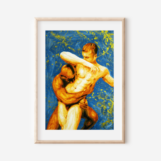Framed artwork of two muscular figures embracing on a blue and yellow abstract background.
