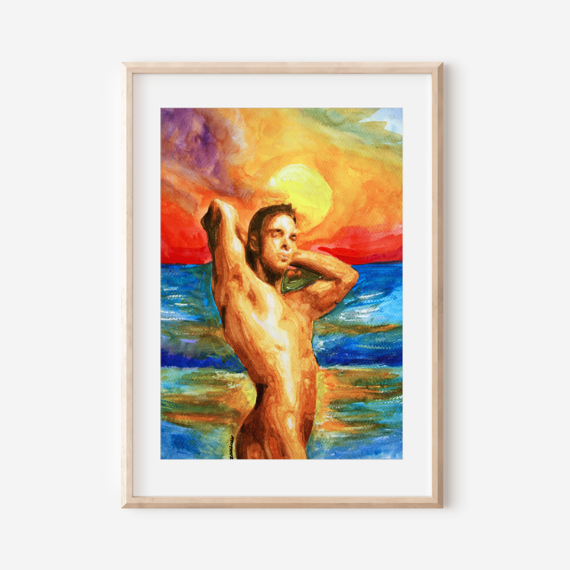 Watercolor painting of a muscular nude young man standing by the ocean at sunset, flexing his arms behind his head. The sky glows with warm golden hues blending into deep blue sea, symbolizing queer pride, strength, and serenity.