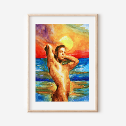 Watercolor painting of a muscular nude young man standing by the ocean at sunset, flexing his arms behind his head. The sky glows with warm golden hues blending into deep blue sea, symbolizing queer pride, strength, and serenity.