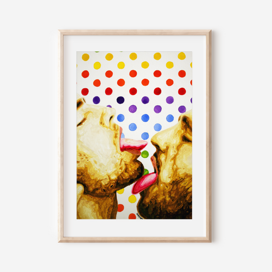 Framed artwork of two gay couple kissing with a colorful polka dot background.