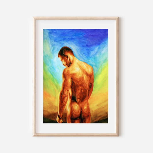 Watercolor painting of a nude man with a strong, beautiful body, proudly facing a rainbow-colored sunset sky, symbolizing queer pride, strength, and self-liberation. Original Zak Pop Art.
