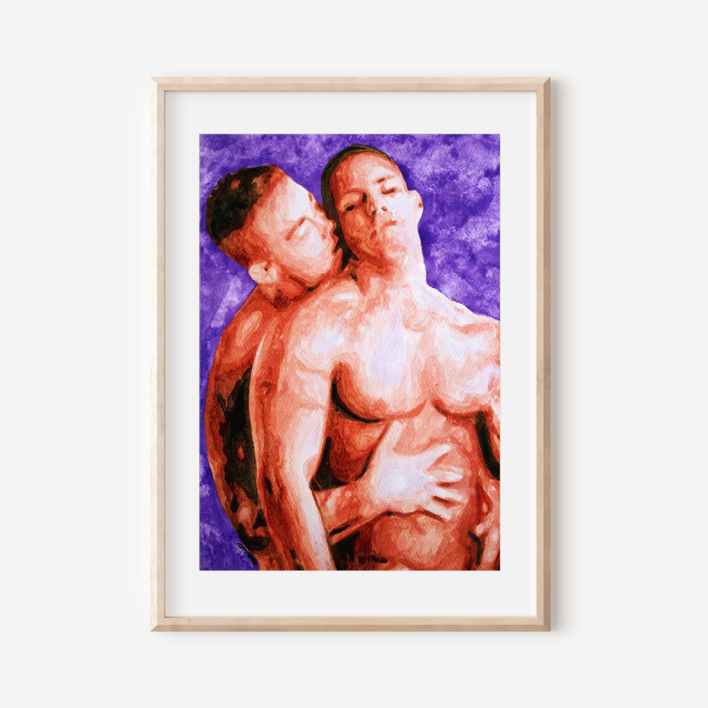 Framed artwork of two people embracing on a purple background