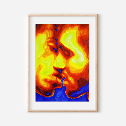 Watercolor painting of two men in profile kissing, with rainbow colors symbolizing LGBTQ+ pride and emotional warmth.