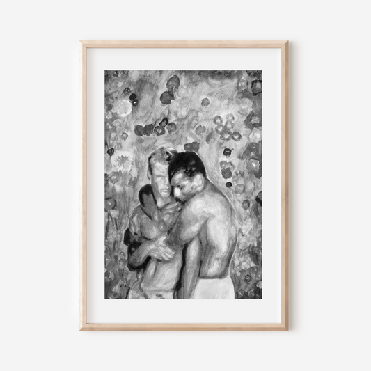 Black and white watercolor art of a gay couple embracing affectionately in front of a flower-filled garden. A minimalist, emotional tribute to same-sex love and LGBTQ+ identity.