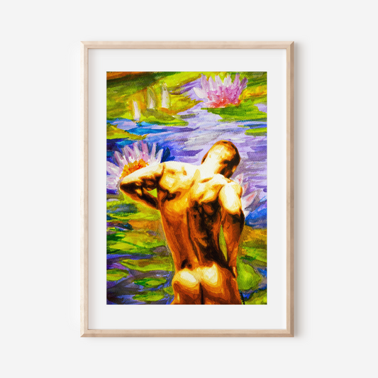 Framed artwork of a nude figure among water lilies on a white wall