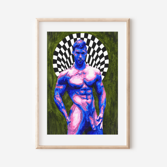 Framed artwork of a muscular figure with a checkered halo on a green background