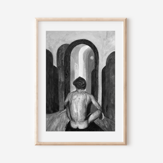 Black and white watercolor painting of a nude man seen from behind, looking at an implied rainbow in a gray sky. Queer art by Zak Pop Art.