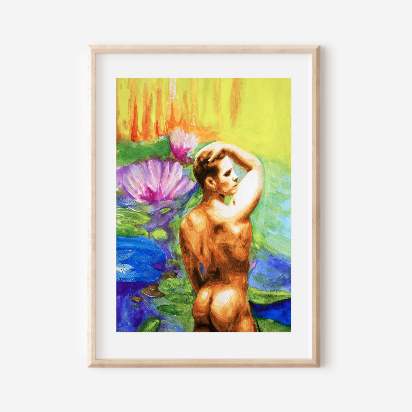 Framed artwork of a nude figure among water lilies on a white wall