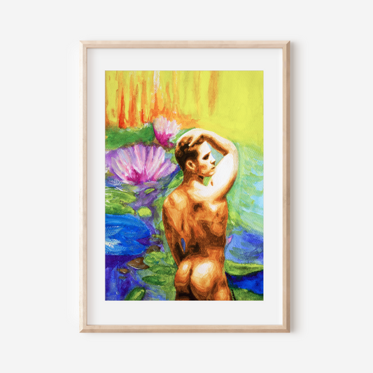 Framed artwork of a nude figure among water lilies on a white wall