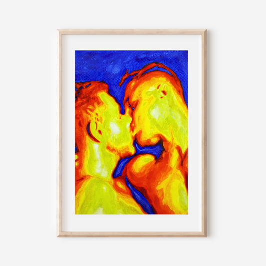 Framed abstract art print with vibrant colors on a white wall
