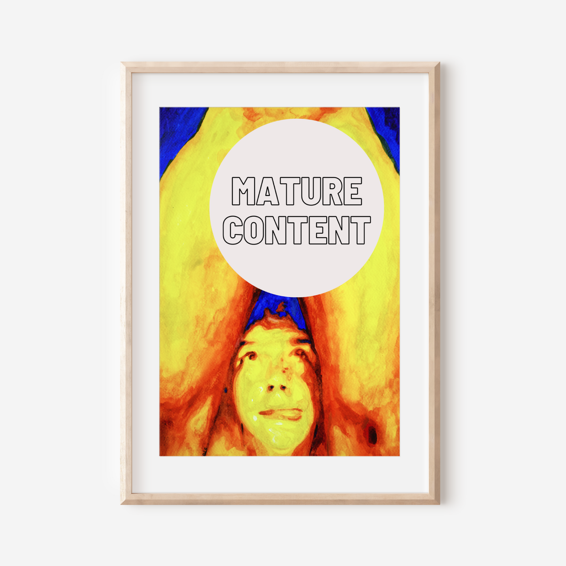 Playful gay erotic watercolor painting of a semi-nude man looking upward with a teasing tongue-out expression, showcasing queer sensuality 