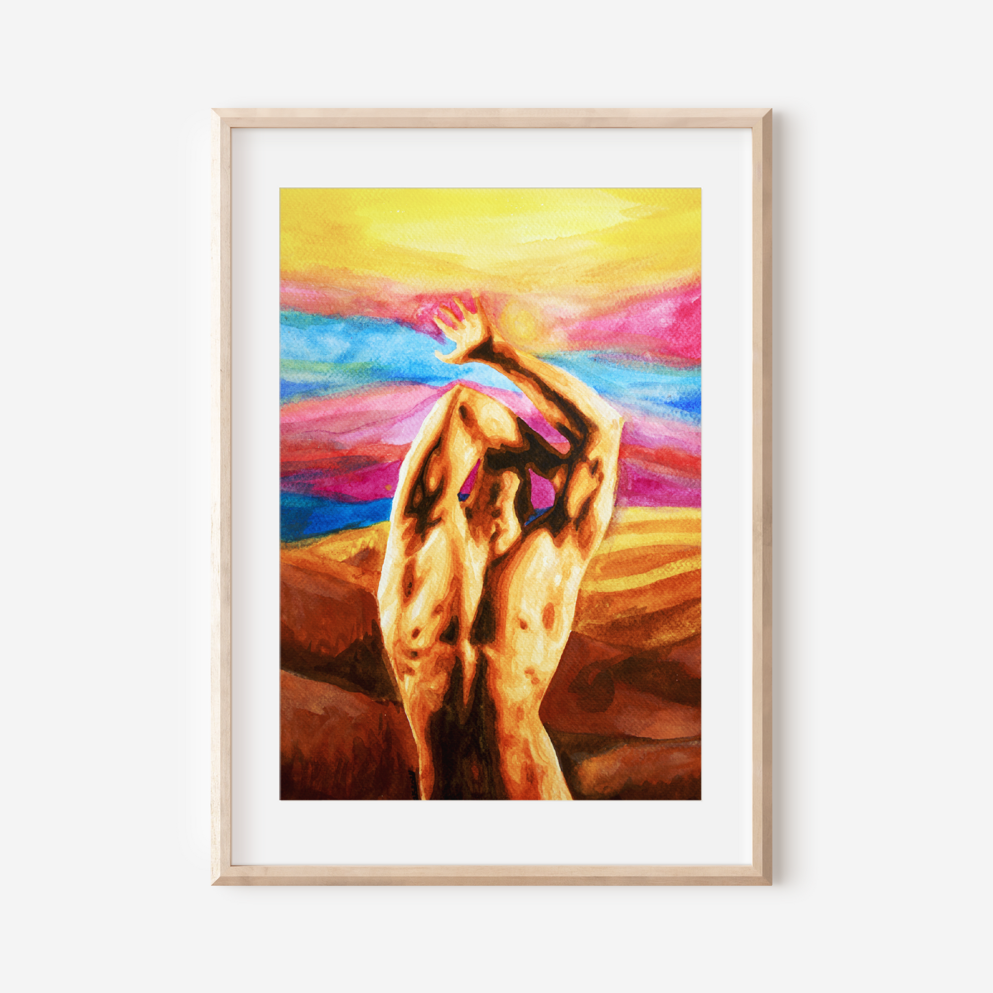 Framed abstract painting of a nude figure with vibrant colors on a white wall