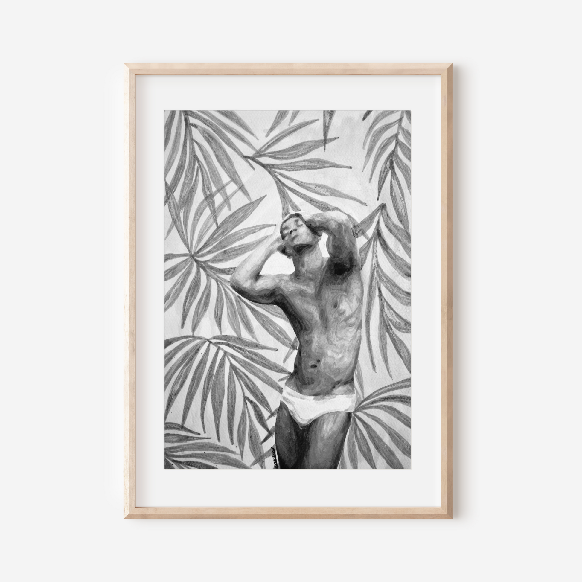Black and white watercolor painting of a muscular man in underwear with tropical palm leaves background, showing bold Miami style and queer pride through strong contrasts and delicate shading. Original Zak Pop Art