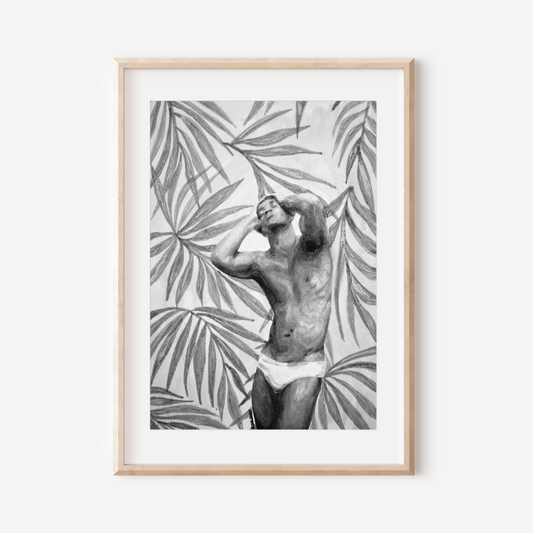 Black and white watercolor painting of a muscular man in underwear with tropical palm leaves background, showing bold Miami style and queer pride through strong contrasts and delicate shading. Original Zak Pop Art