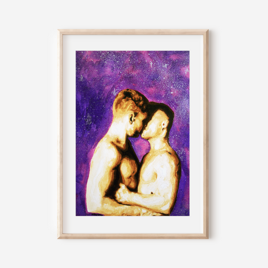 Framed artwork of two people embracing against a purple background