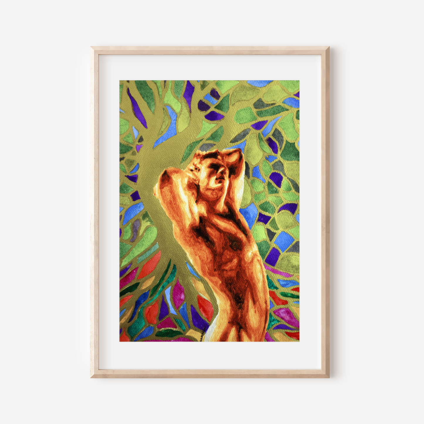 Framed artwork of a stylized animal figure with colorful abstract patterns on a white wall.