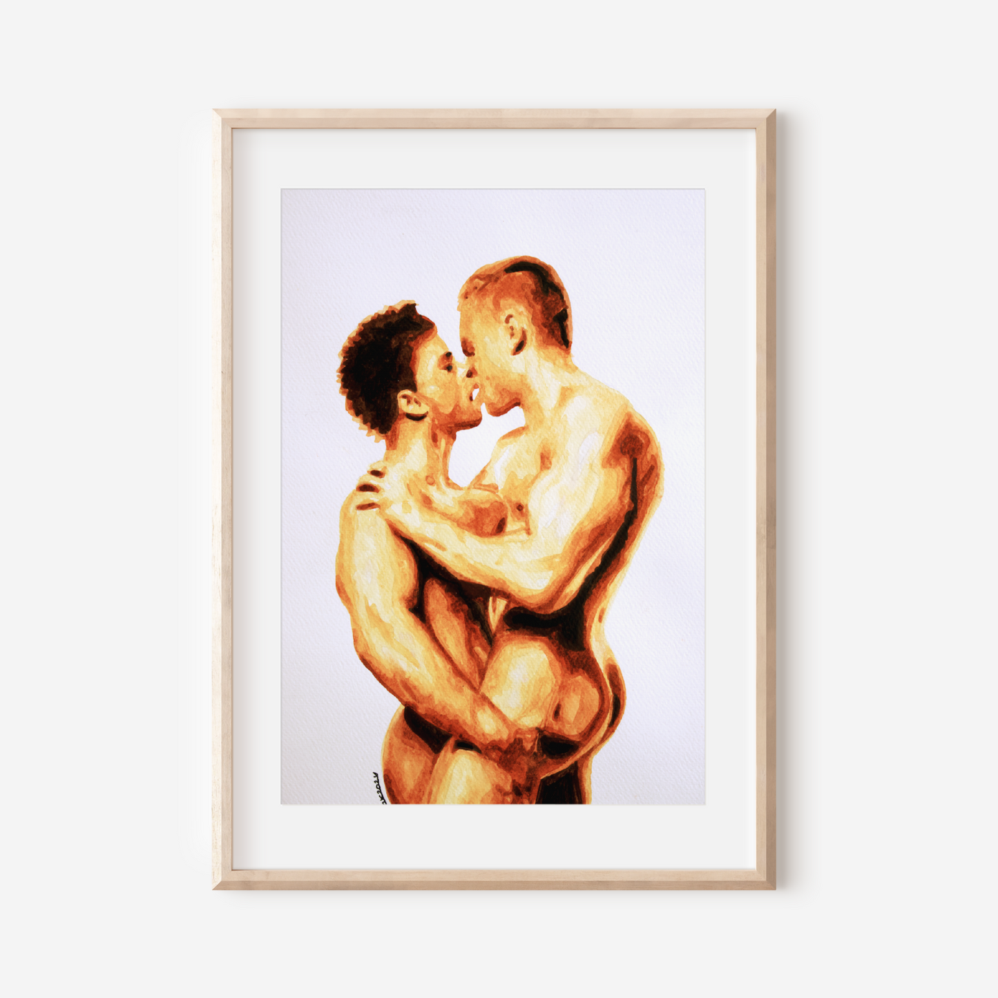 Framed artwork of two nude figures embracing on a white background