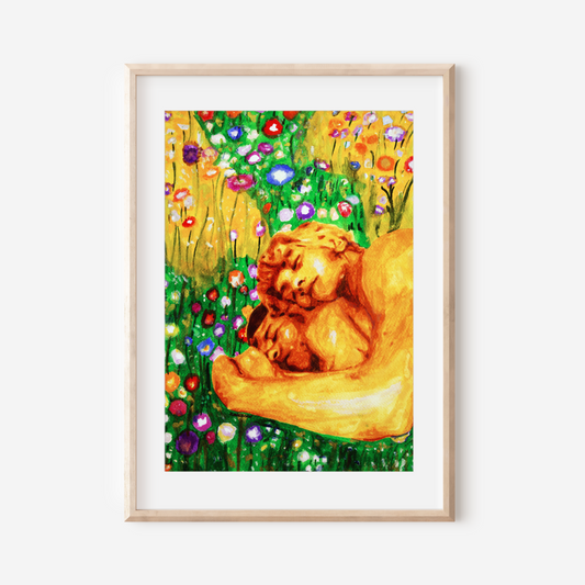 Watercolor of two nude men lying in a flower-filled field, holding each other, painted in a Klimt-inspired golden style.