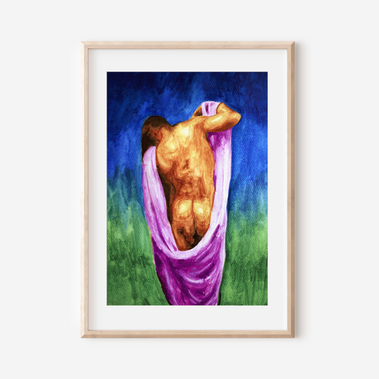 Framed artwork of a nude figure draped in purple fabric against a blue and green background.