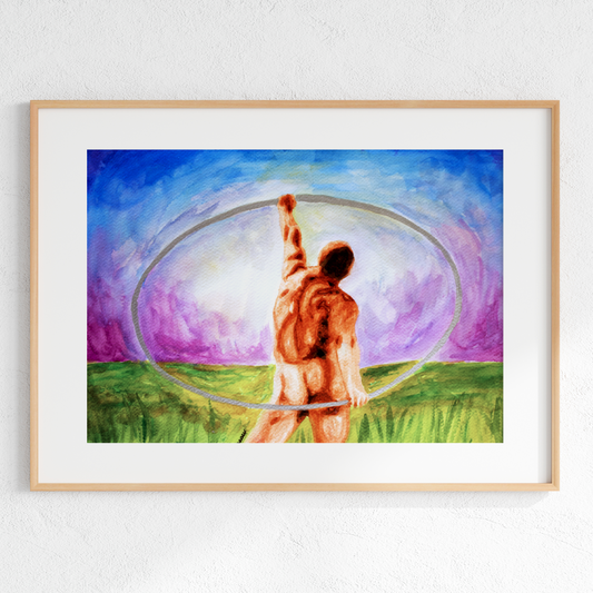 Framed artwork of a shirtless man in a field with a colorful sky.