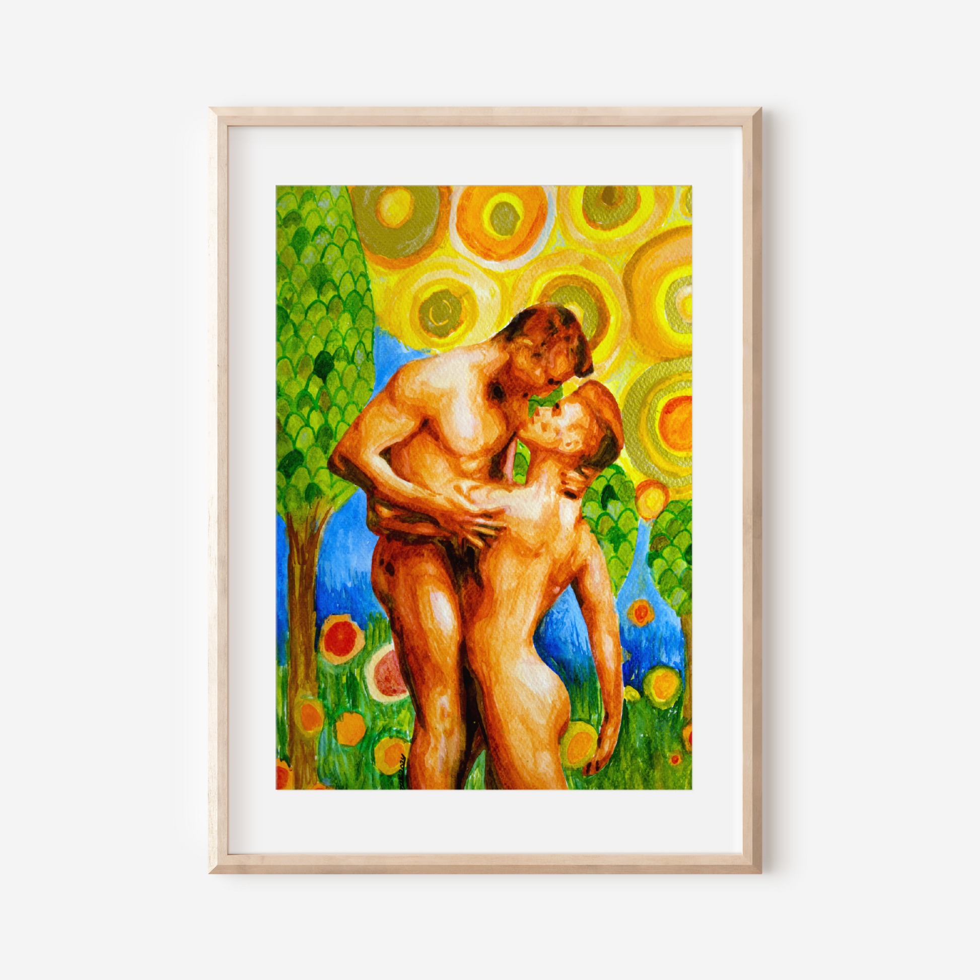 Framed artwork of two nude figures embracing in a garden setting with colorful circles in the background.