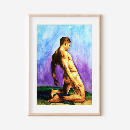 Watercolor painting of a nude man kneeling from behind in a grassy field under a bright blue sky, expressing calm, strength, and queer identity.
