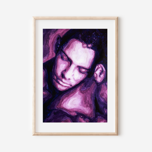 Framed artwork of a stylized portrait in purple tones on a white wall.