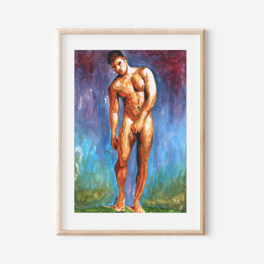 Framed painting of a nude male figure against a colorful abstract background